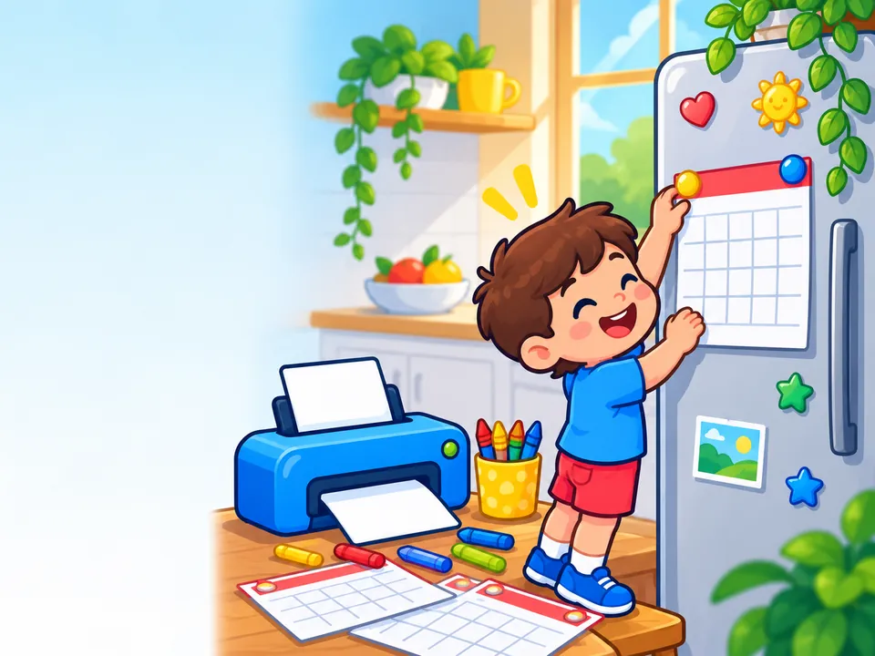 Boy pinning a printed school calendar to the fridge next to a printer and crayons
